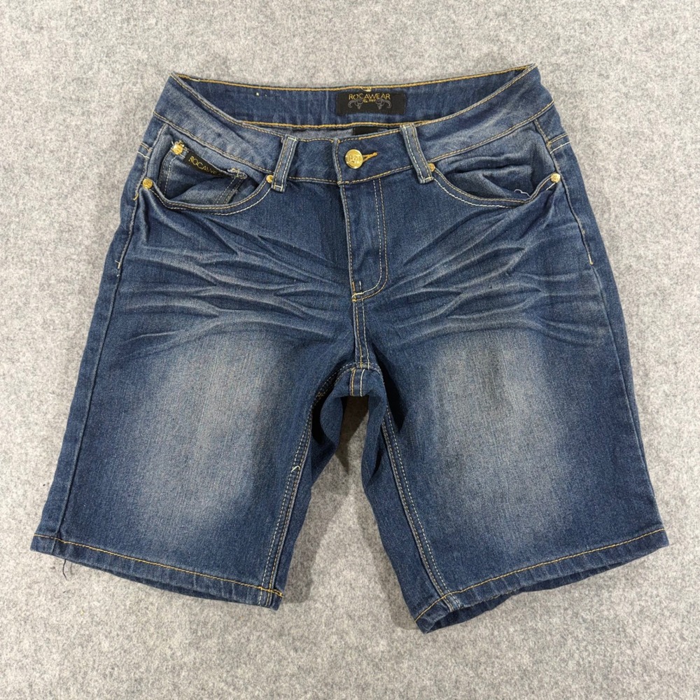 Rocawear Womens Embroidered Denim Shorts Blue Size 9 Whiskered Streetwear Y2K